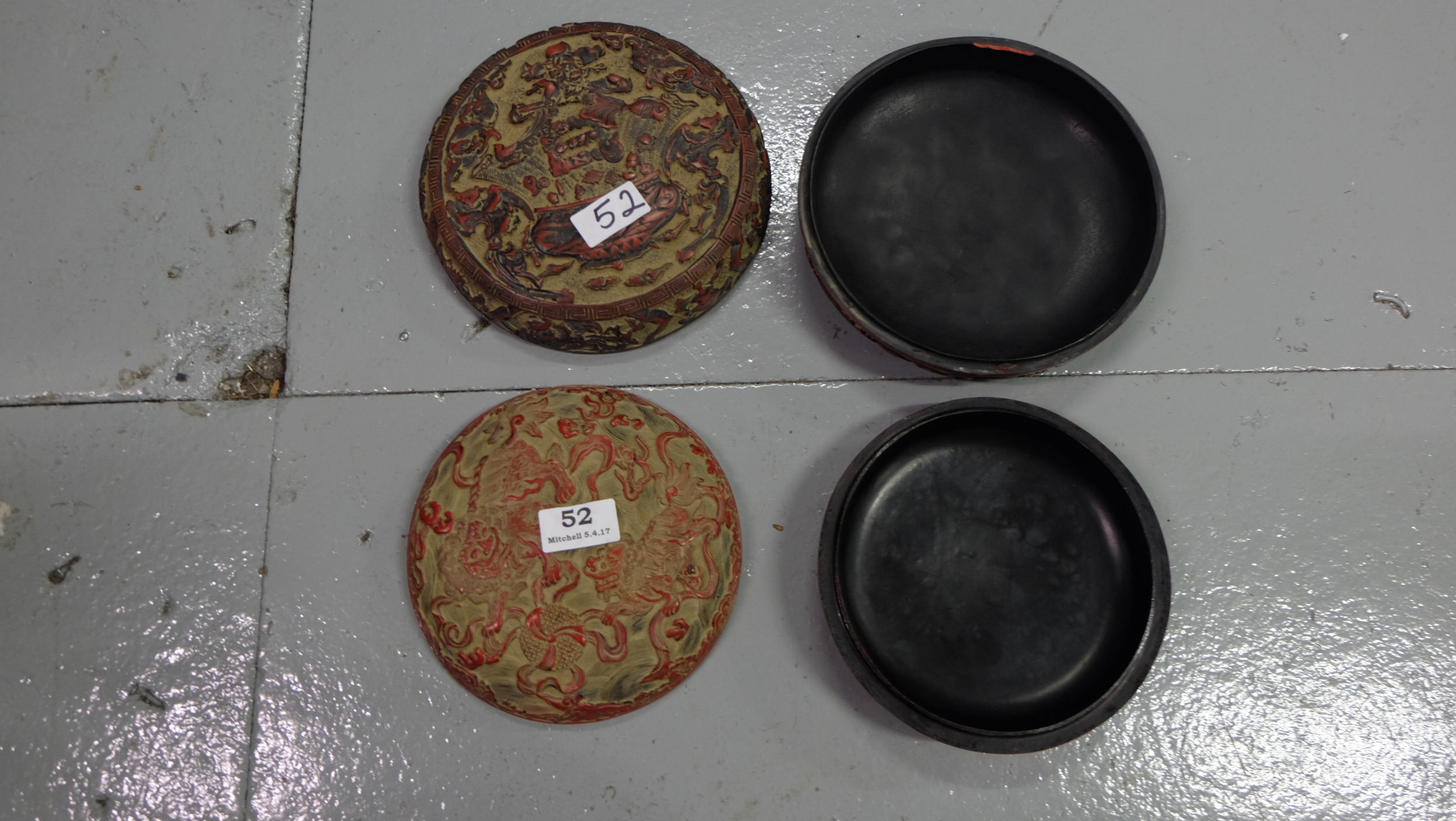 2 Chinese lacquer circular dishes with lids, overlaid with red dragons, 7” & 9” dia - Image 2 of 3