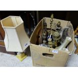 Box of brass ware incl. table lamps (for repair), some silver plate etc