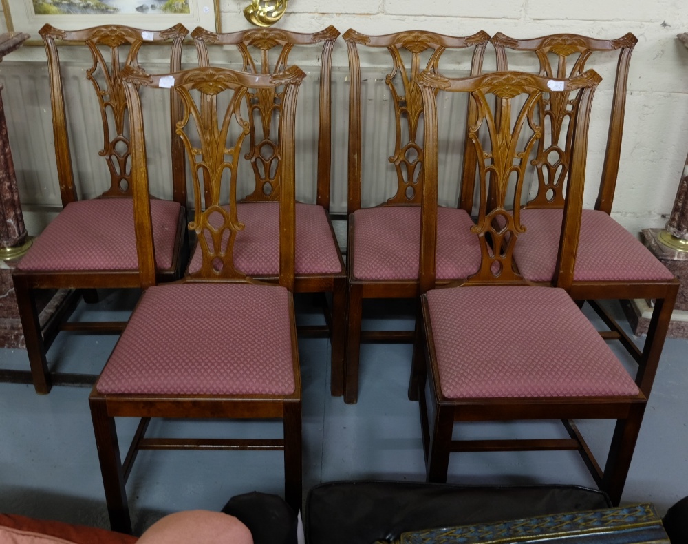 Matching Set of 6 Mahogany Splat Back Dining Chairs with red patterned padded seats, on square legs