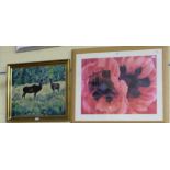 6 large pictures – oil of Stags, Landscape watercolour, 2 contemporary floral pictures & baby (6)