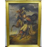 Oil on Canvas, Cavalier in full costume with Rearing Horse, in gilt frame, 44” x 24”w approx