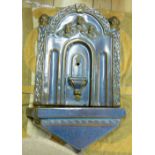 Majolica Antique Fountain Head and Font, featuring cherubs and pineapples finials, blue glazed,