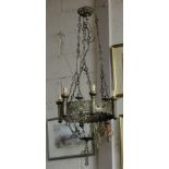 19thC Brass Hanging Ceiling Lamp, with ecleastical features including a crucifix hanging finial, 4ft