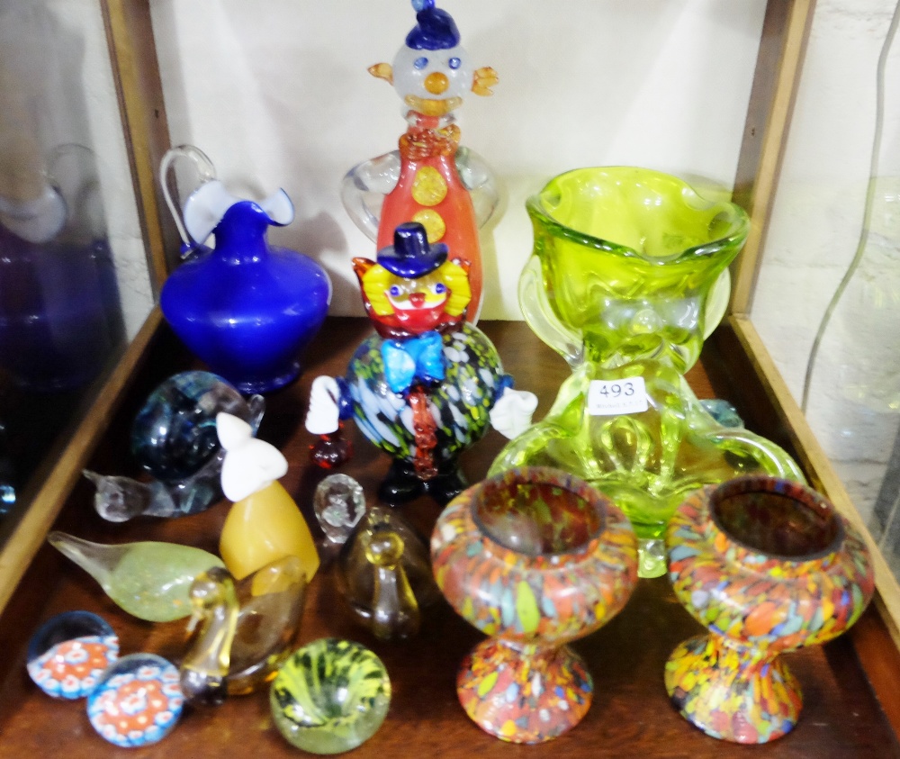 Collection of colour glass items – 2 clowns, pair vases, figurines, paper weights etc (approx. 17