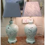 Matching Pair of Italian Pottery Table Lamps, painted green, floral patterns (21”h), with later