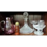 3 pieces red glass (chip on bowl), glass decanter, 4 other glass items