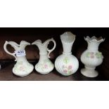 Pair of Belleek Jugs with floral appliques & two similar Belleek Vases (4)