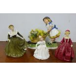 2 Doulton Figures of Ladies in colourful dresses and a similar Worcester Figures, also a Victorian