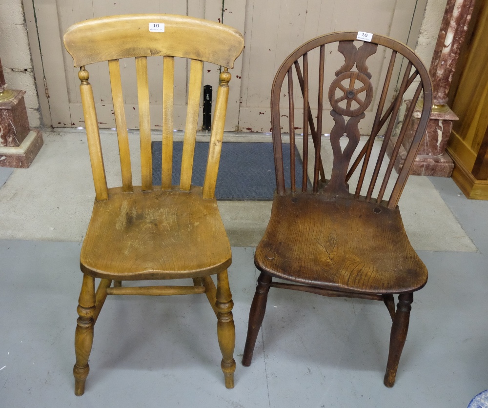 Two Pine Kitchen Chairs – 1 splat back, 1 wheel back