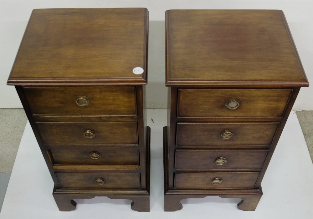 Matching Pair of Narrow Mahogany Bedside Cabinets with 4 drawers, on bracket feet, 13”w - Image 2 of 2