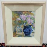 R B Hunter Oil on Canvas Panel 12" x 10" Still Life, Pink Flowers in a Blue Jug