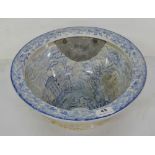 Victorian porcelain toilet bowl, blue and white with Italian landscapes, 17”l x 15”w