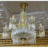 Brass framed chandelier with cut glass droplets, 6 branches