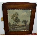 Watercolour – Lake in a Landscape, 26”w, in a wide mahogany frame