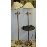 Pair of modern brass adjustable electric standard lamps with cream shades (1 with mahogany shelf),