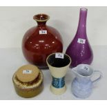 Bulbous Red Pottery Vase & 3 studio pottery vases, jar & a pink cameo glass bottle neck vase (5)