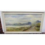 J Raymond Oil on Board 18" x 36" Landscape with lake and mountains