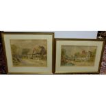 Pair of English Watercolours – village cottages, 23”w & 25”w signed Dudley Hughes 1890, gilt frames