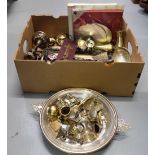 Collection Silver Plate and Brass Items – ornaments, egg cups, serving bowl etc (in a box)