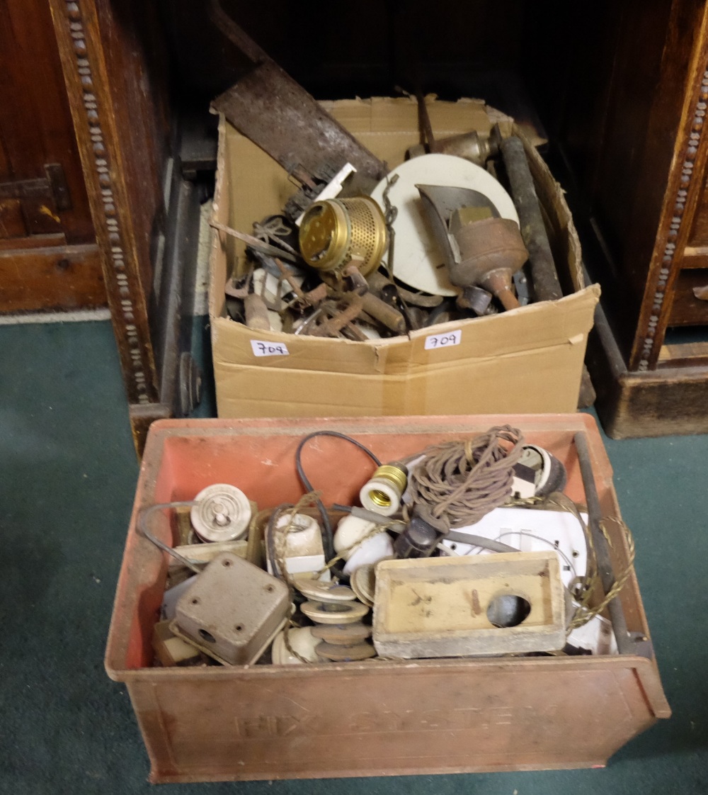 3 boxes - old electric sockets, metal items, box brass fittings etc