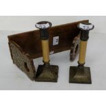 Betuemann “Self Closing Book Slide” with brass mounts & a pair of brass based candlesticks (3)