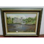 Framed oil painting “Castle by a Lakeside”, signed J.M. Bardon