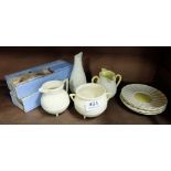 Various Belleek items – six saucers, miniature skillet, two jugs, vase etc