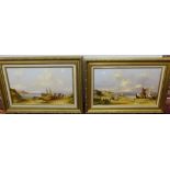 Matching Pair of Oil Paintings – fishing and coastal scenes, signed K Daughan, in gilt frames each