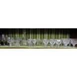 Shelf of Glassware incl. sets of wine glasses (some stamped England) champagne glasses, decanter