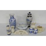 2 Japanese blue and white vases, willow condiments, 3 Pieces of modern Belleek, Jug etc (10 pieces)