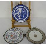 6 Victorian English porcelain warming plates on pewter and metal bowls, mainly good condition