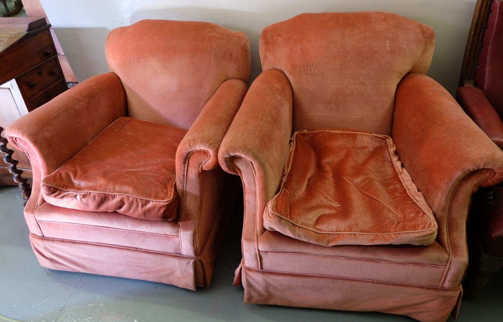 Matching Pair of Fireside Armchairs, covered with pink velour fabric, low backs