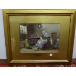 Watercolour “The Anxious Mother”, signed A Mathews 1904, in gilt frame