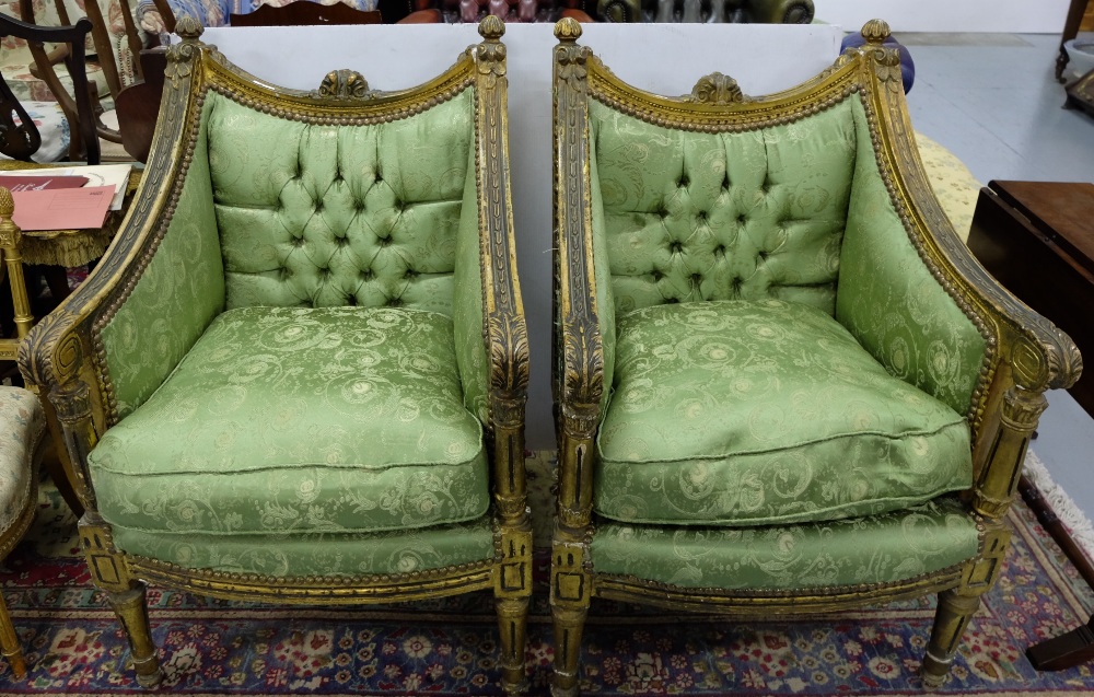 Matching Pair of Carved Gilt Wood Framed Salon Armchairs, the buttoned back and loose cushions - Image 2 of 3