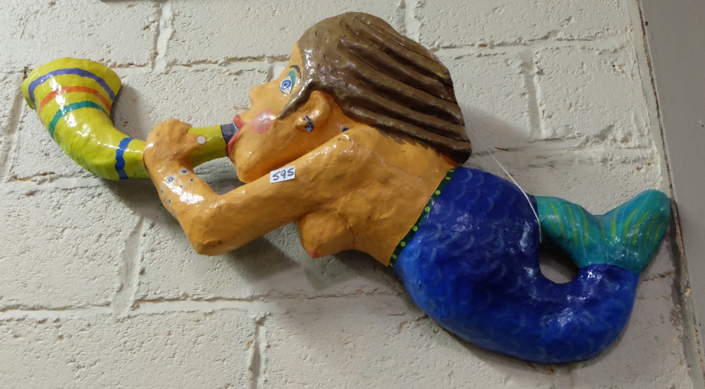 3 papier mache coloured fish & a papier mache cartoon figure of a mermaid (4)