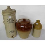 Stoneware “Leadless Glaze” Water filter, “Cheavins”, complete & 2 stoneware jars (3)