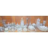 Collection cut glass and moulded glass items (shelf), ring holders, jam jars, bowls