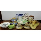 3 shelves of pottery – golf figure, salad bowl and services, 3 piece glazed teapot etc