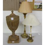 Two Corinthian Column Table Lamps (electric), with beige shades & a large timber finial (3)