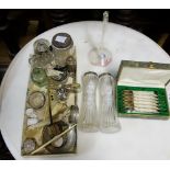 Group of condiments, some with silver tops, set of apostle spoons in case