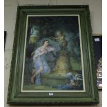 Large Oil on Canvas, classic lady in a blue cloak, greeting a cherub, signed E Anthony, large