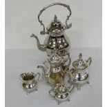 5 piece silver plated tea set including a spirit kettle on stand with burner, 2 pots etc