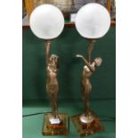 Matching Pair of electric Art Deco Table Lamps, figures of stretching ladies supporting glass