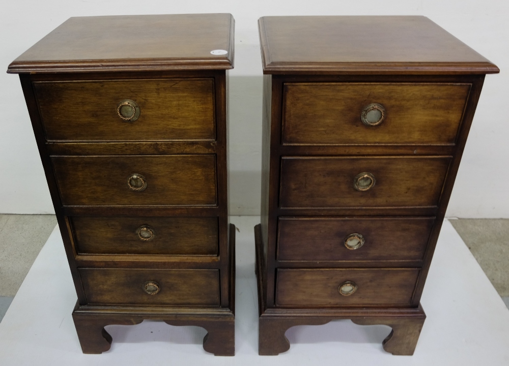 Matching Pair of Narrow Mahogany Bedside Cabinets with 4 drawers, on bracket feet, 13”w