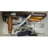 Group of hand tools, some with wooden handles, screwdriver, pliers etc