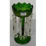 Victorian Green Glass Centrepice with cut glass droplets, 13”h