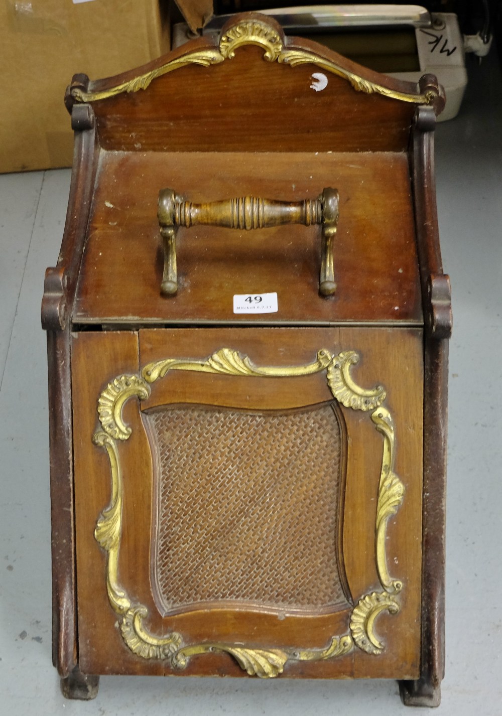 Walnut Coal Scuttle with brass carrying handles and brass mounts to the hinged lid