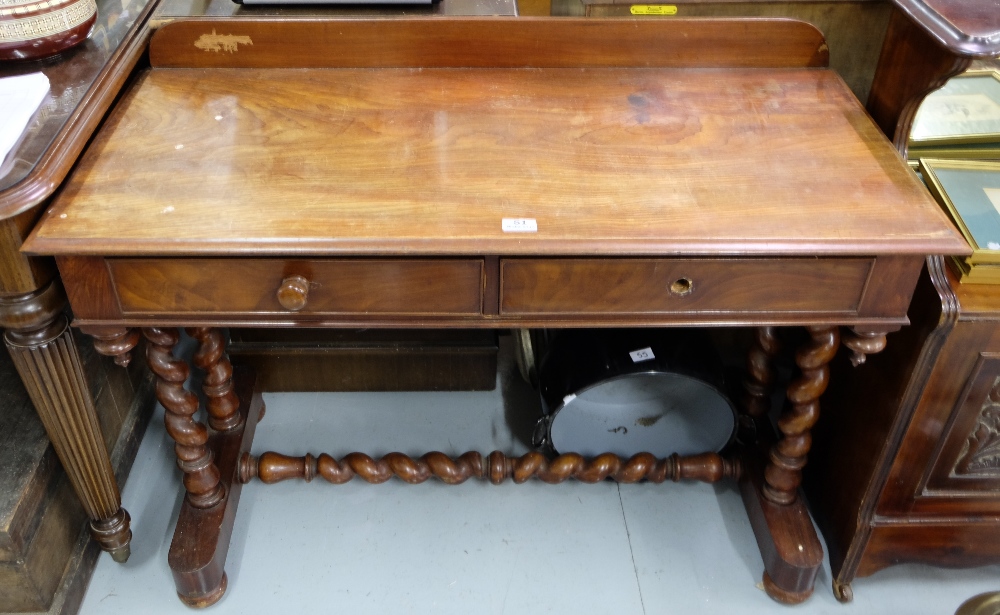 WMIV Mahogany Side Table, two apron drawers over bobbin turned side pillars and stretcher, 4