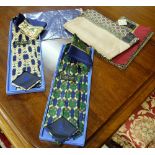 LANVIN - 2 boxed gents ties and matching cravats with similar design, one navy on cream floral,