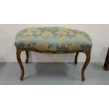 Gilt wood Bedroom Stool/Window Seat with a padded top covered with blue fabric, on sabre legs, 36”w